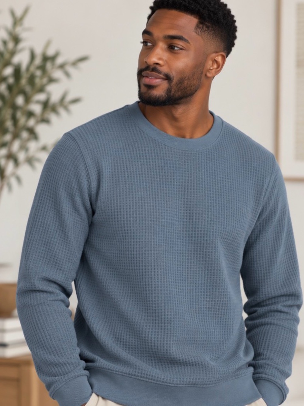 Vuori Waffle Crew Men’s Small Blue Gray Thermal Knit Pullover V284